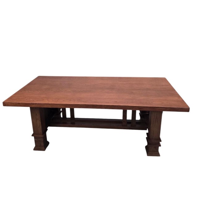 Late 20th Century Custom Arts and Crafts Mission Style Oak Dining Table With Six High-Back Chairs For Sale - Image 11 of 12