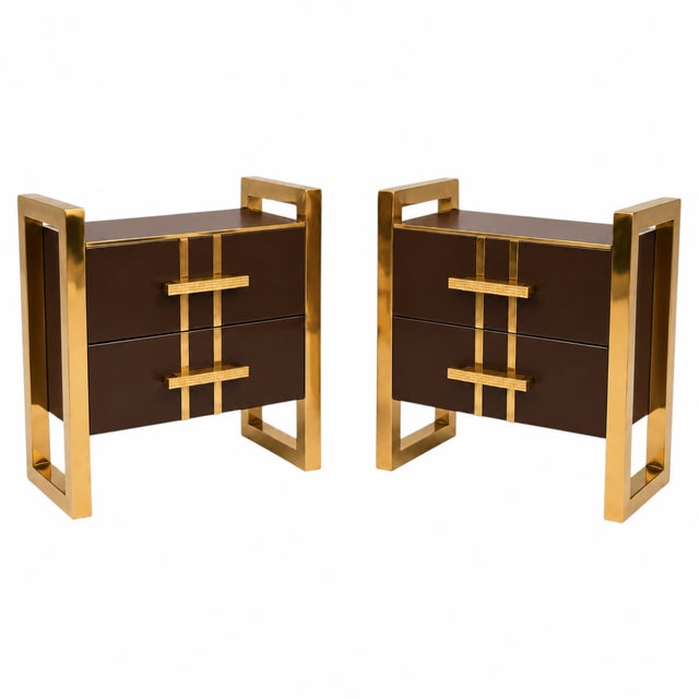 Chocolate brown glass gives this pair of Italian bedside cabinets a deep, warm finish. The brass side frames extend above...