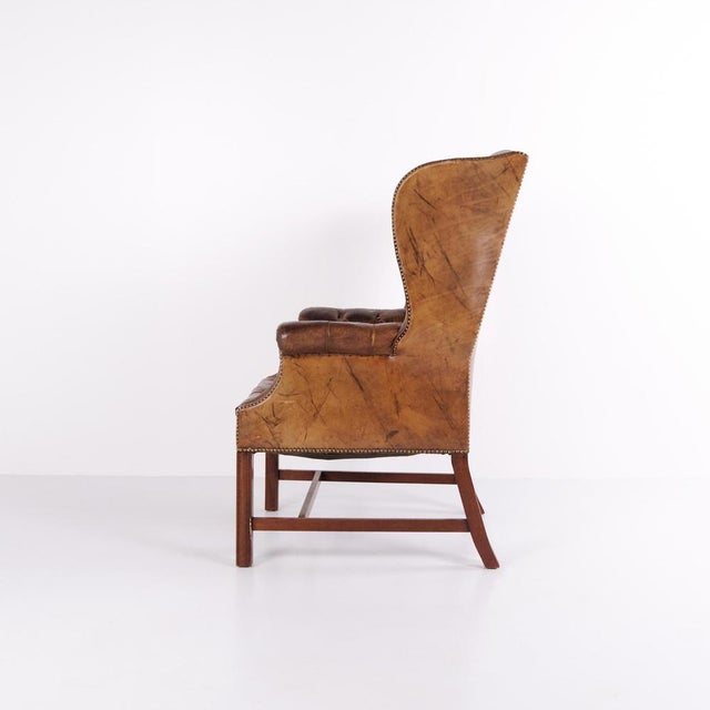 Set of George III Style Wingback Armchair and Ottoman in Brown Leather, 1890s For Sale - Image 5 of 15