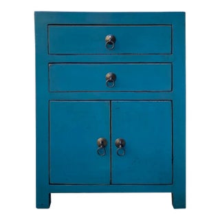 Chinese Distressed Bold Bolection Blue 2 Drawers End Table Nightstand For Sale
