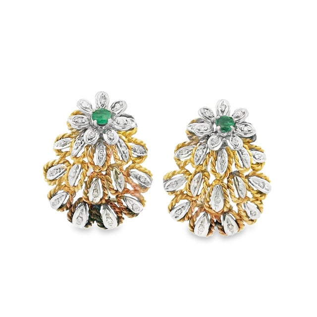 Mid 20th Century Mid-Century Italian 18k Gold Emerald & Diamond Earrings, A Pair For Sale - Image 10 of 10