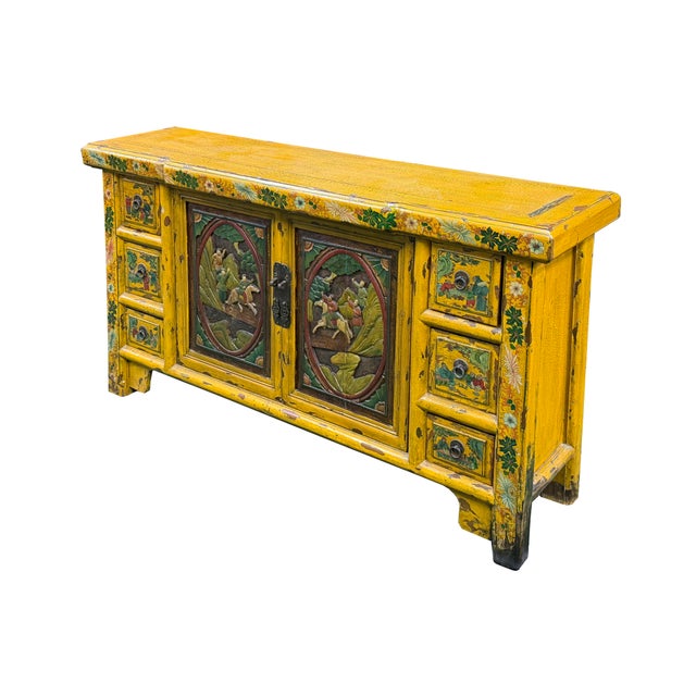 Elevate your interior space with this magnificent antique Chinese painted wood credenza sideboard, a breathtaking...