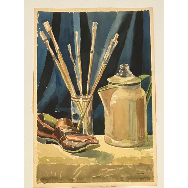 1950s 1950’s Original Anthony Ferrara Still Life Watercolor Painting Brushes with Shoe and a Pot, Signed For Sale - Image 5 of 5