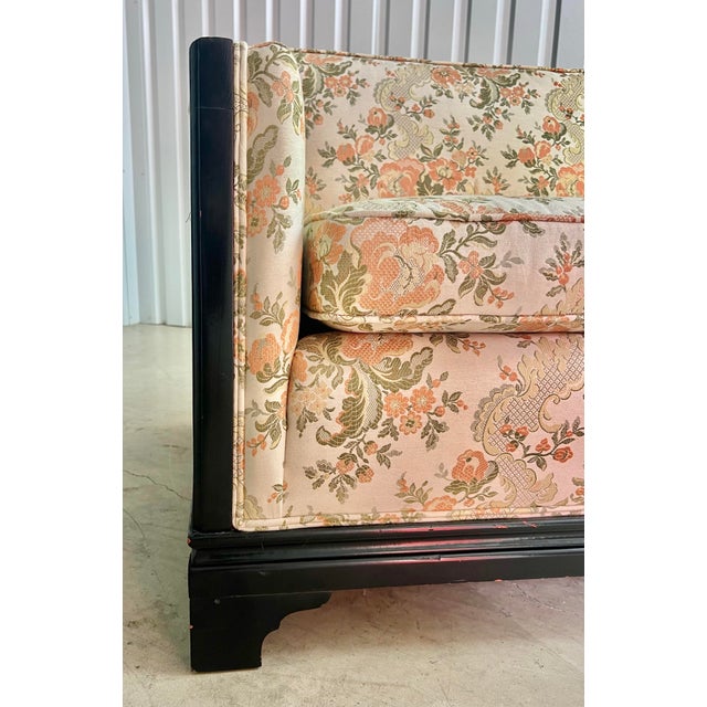 Late 20th Century Chic Vintage Chinoiserie Key City Custom Asian Style Black Lacquered Sofa With Floral Brocade Fabric For Sale - Image 5 of 12