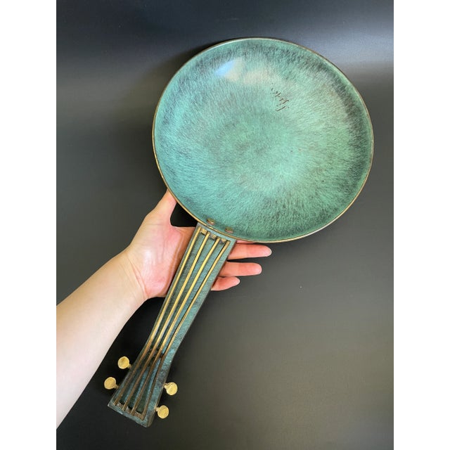 Mid-Century Modern Vintage Israeli Verdigris Enameled Brass Violin Viola Serving Tray Centerpiece For Sale - Image 3 of 11