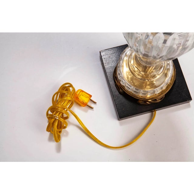 Brass Mid 20th Century Vintage Waterford Style Crystal Lamp on Brass & Ebony Wood Base For Sale - Image 8 of 9