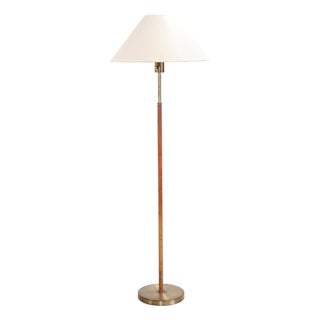 Paavo Tynell Style Floor Lamp in Brass and Leather with Linen Shade, 1950s For Sale