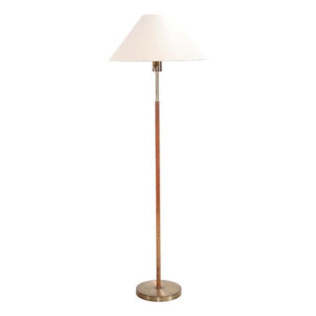 Paavo Tynell Style Floor Lamp in Brass and Leather with Linen Shade, 1950s For Sale