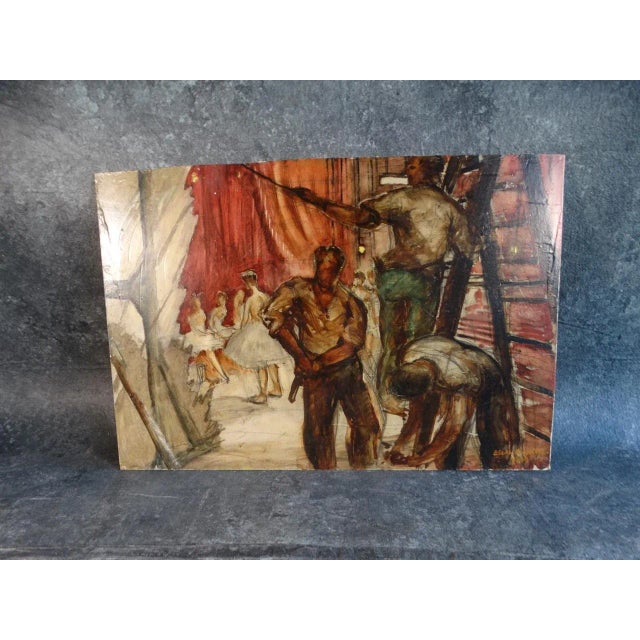 First rate impression of the incredible bustle backstage during a performance. We love his jazzy realism. The contrast...