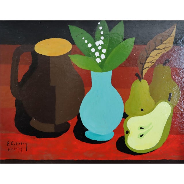Red 1977 'Blue Vase & Pears' Vintage Original Still Life Tempera Painting by Swedish Artist Eric Cederberg (1897-1984), Framed For Sale - Image 8 of 11