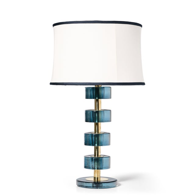 Murano Italian Brass and Blue Murano Glass Lamps - a Pair For Sale - Image 4 of 4