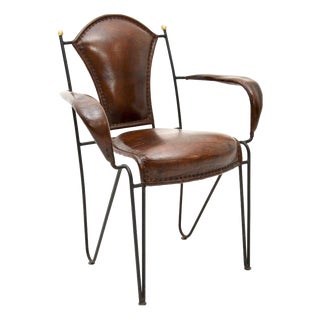 Vintage French Iron and Leather Armchair attributed to Jacques Adnet, 1960s For Sale