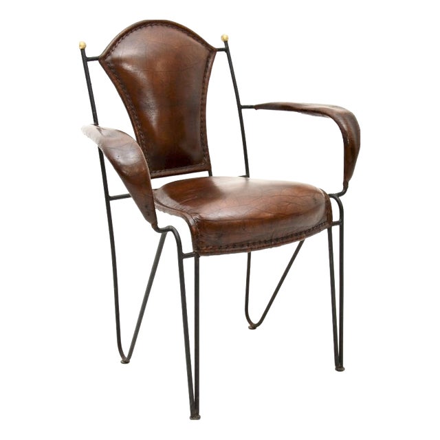 Vintage French Iron and Leather Armchair attributed to Jacques Adnet, 1960s For Sale