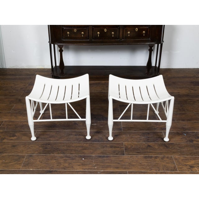 White Pair of Vintage English Egyptian Revival White Thebes Stools with Curving Seats For Sale - Image 8 of 12
