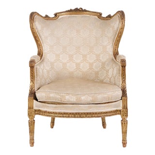 Bergère Armchair in Gilded Wood and Light Fabric, 1860 For Sale