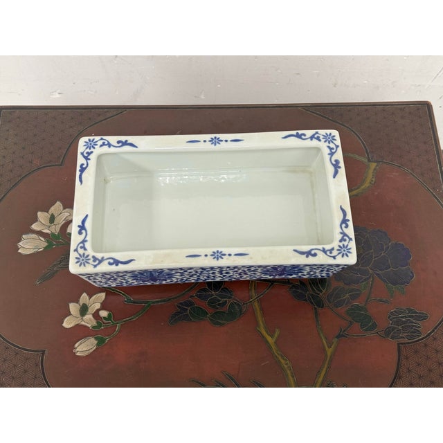 Blue + White Floral Ceramic Rectangular Planter, Vintage For Sale - Image 9 of 12
