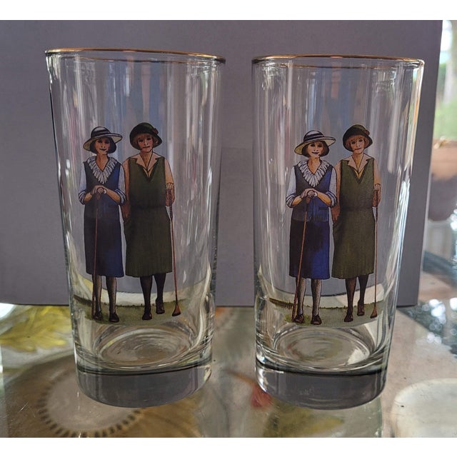Art Deco Vintage Set of 4 B. Brian Atwater 1920s Ladies Golf Motif Highball Barware Glasses Gold Trim For Sale - Image 3 of 12