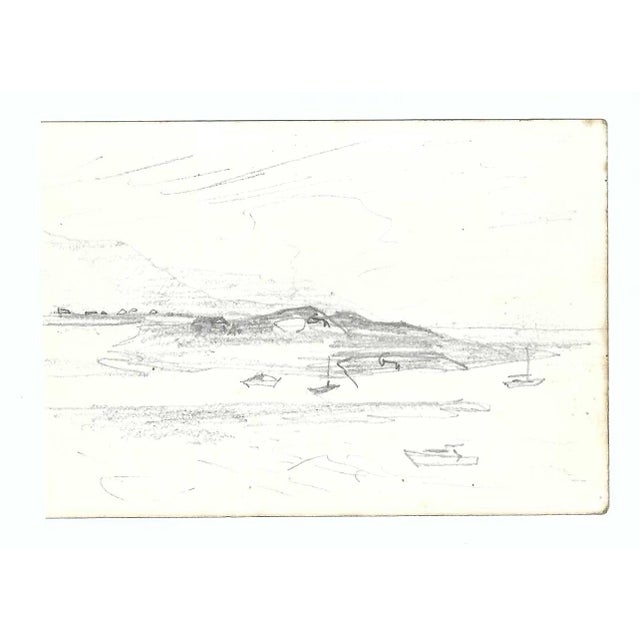 Drawing of Wales shore with sailboats by Robert Henry Angeloch (1922-2011). Location, date and estate stamp on the back....