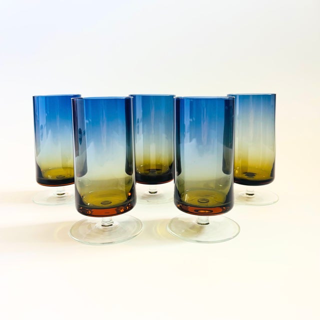 A set of 5 gorgeous mid century "Bluerina" footed tumblers, made in collaboration with Denby and England and Krosno Glass...