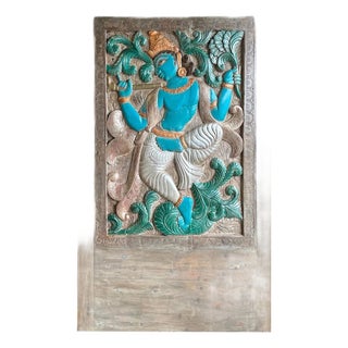 Vintage Indian Carved Barn Door, Blue Krishna Wall Sculpture, Temple Wall Art 78.5 For Sale