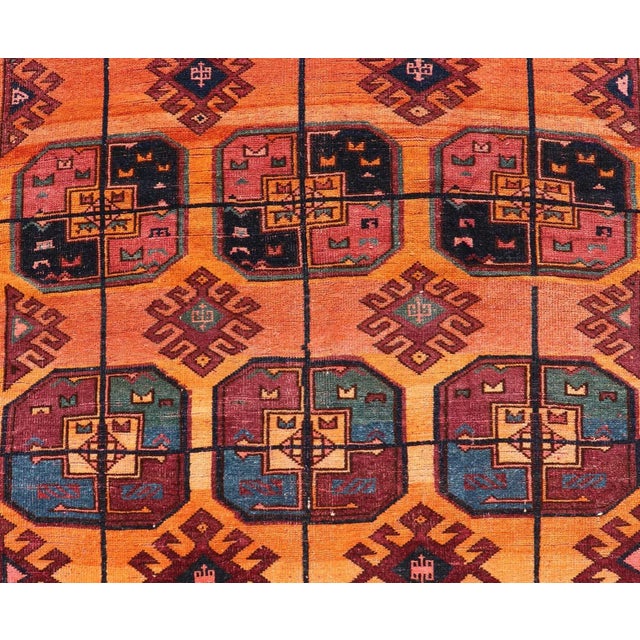 Textile Vintage Wool Ersari Rug in Wool With Gul Design in Orange, Blue, and Brown 5'0 X 8'10 For Sale - Image 7 of 12