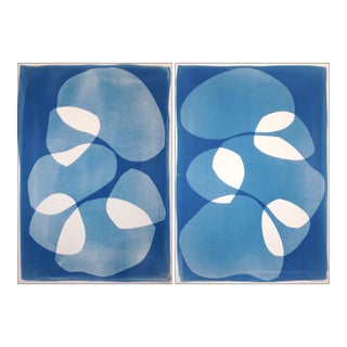 2026, Organic Floating Shapes in Blue Tones, Handmade Monotype Diptych, Our Subtle Differences, Cyanotype on Paper For Sale