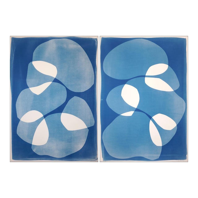 2026, Organic Floating Shapes in Blue Tones, Handmade Monotype Diptych, Our Subtle Differences, Cyanotype on Paper For Sale