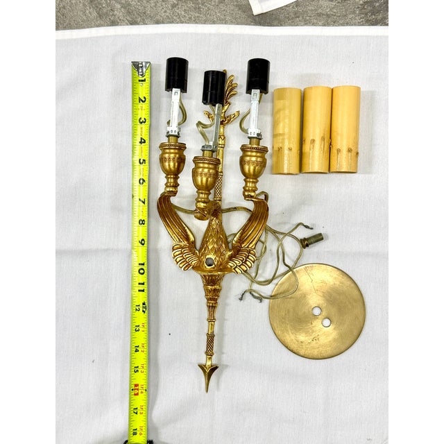 Late 20th Century Empire 3-Light Brass Wall Sconce With Spread-Winged Bird For Sale - Image 4 of 5