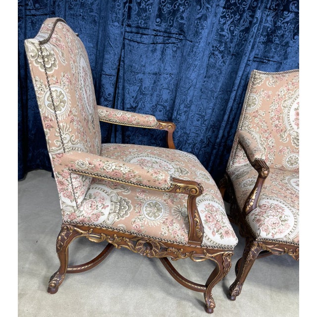 1990s Pair of Ej Victor French Style Open Arm Library Chairs With a Floral Print Fabric For Sale - Image 5 of 13