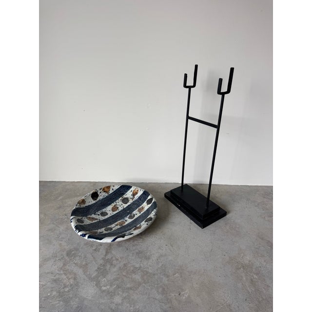 Wood 1987 Josef Zala Abstract Studio Art Ceramic Plate on Metal Stand For Sale - Image 7 of 12