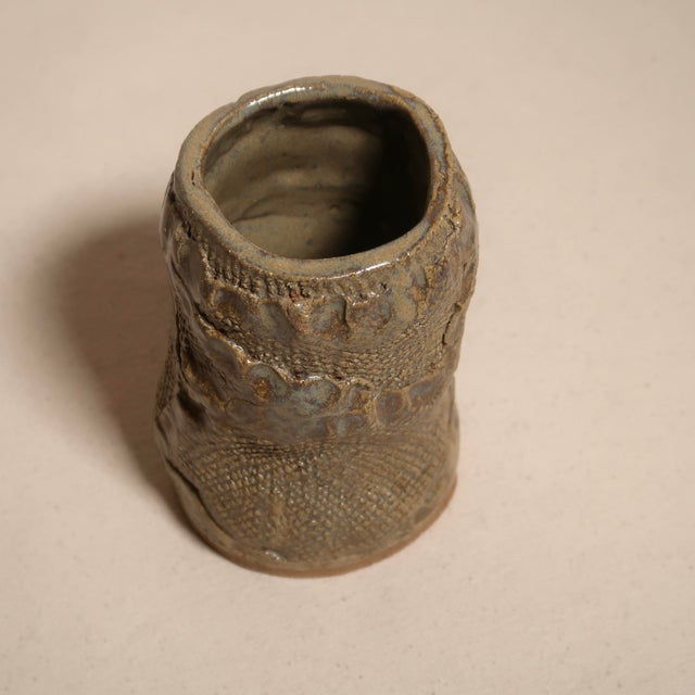 1970s 1970s Signed Hand-Formed Textured Studio Pottery Vase With Organic Wabi-Sabi Glaze For Sale - Image 5 of 9
