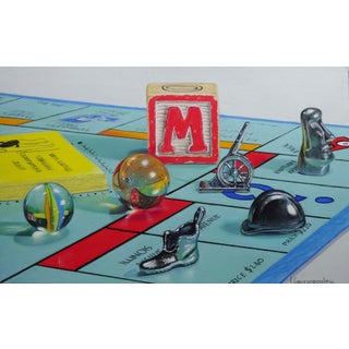 M is for Monopoly by Irene Georgopoulou | Pastel on paper Still life of Monopoly game pieces and board For Sale