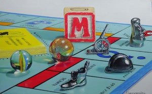 M is for Monopoly by Irene Georgopoulou | Pastel on paper Still life of Monopoly game pieces and board