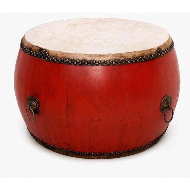 Wood Monumental Antique 48" Chinese Ceremonial Drum Round Table Red Lacquered For Sale - Image 7 of 18