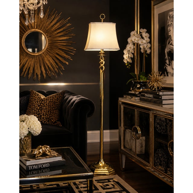 Vintage Hollywood Regency solid brass triple helix floor lamp with linen shade. Gorgeous 1970s solid brass floor lamp....