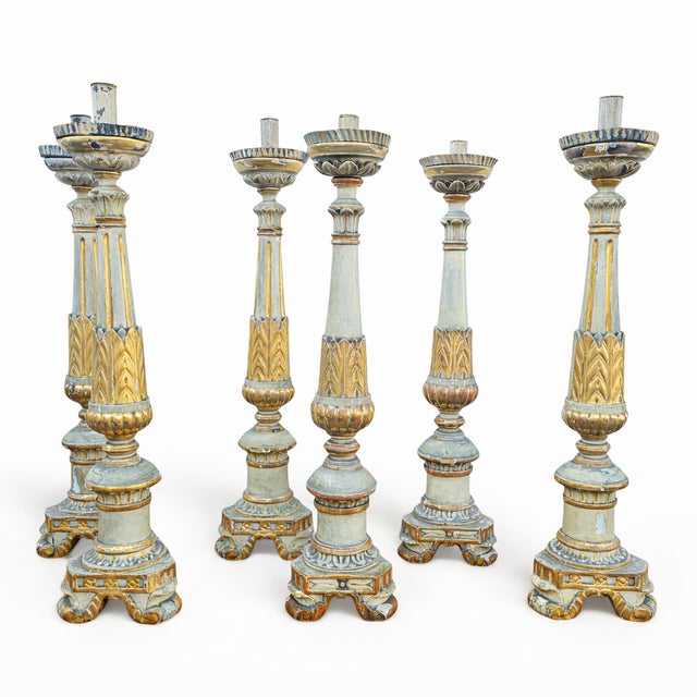 Lacquered and Gilded Wooden Candleholders, Early 19th Century, Set of 6 For Sale - Image 18 of 18