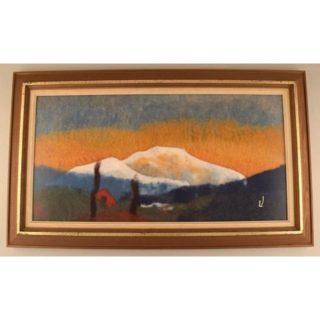 Lisa Johansson, Swedish artist. Wool on board. Modernist mountain landscape with a cottage, late 20th century. The board...