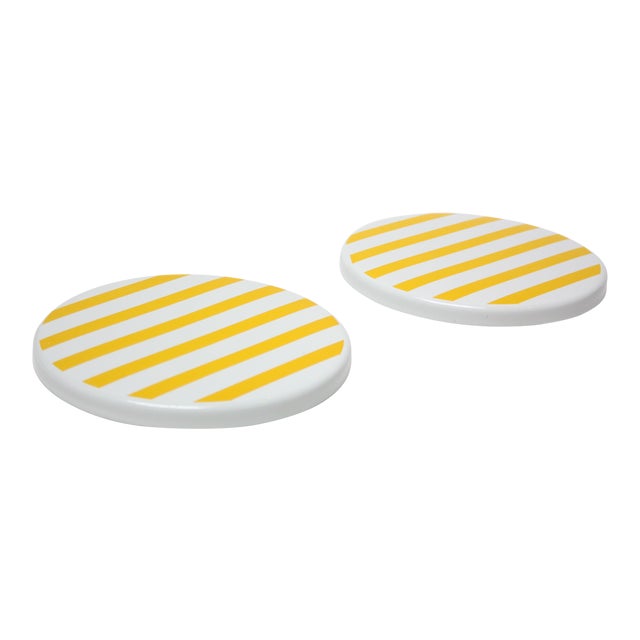 Scandinavian Modern Yellow Striped Enamel Trivets / Plates a Pair