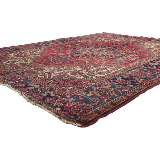 78180 Distressed Vintage Persian Heriz rug, 06'09 x 08'10. With timeless appeal, refined colors, and architectural design...