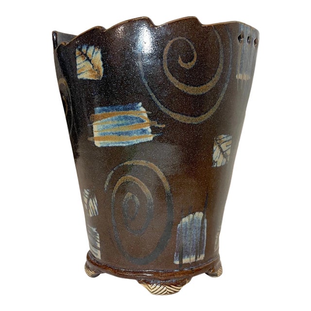 Tall Unique Vintage Handmade Signed Rs Glazed Brown Swirl Art Pottery Vase For Sale