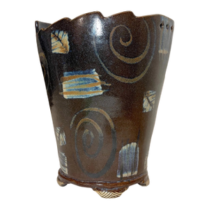 Tall Unique Vintage Handmade Signed Rs Glazed Brown Swirl Art Pottery Vase