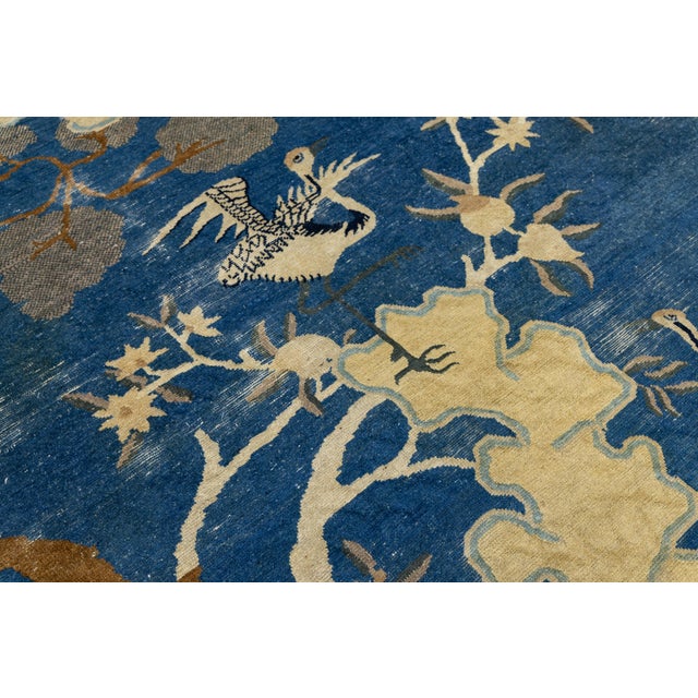 Antique Chinese Peking Art Deco Wool Rug in Indigo Blue and Cream, Circa 1920s For Sale - Image 4 of 12