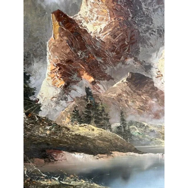 Cabin Vintage Alpine Mountain Landscape Oil Painting For Sale - Image 3 of 6