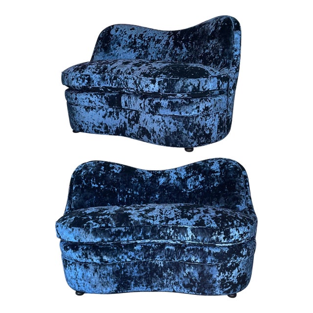 1950s Opulent Sapphire Blue Crushed Velvet Kidney Loveseats - a Pair For Sale