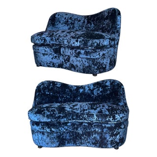 1950s Stunning Sapphire Blue Crushed Velvet Kidney Loveseats - A Pair For Sale