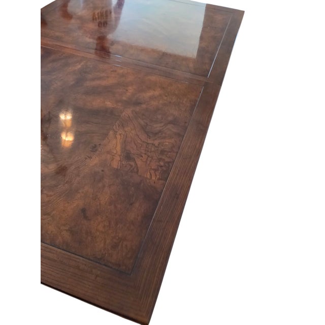 Brown 1980s Henredon Scene One Campaign Oak Burlwood Dining Room Parson Table Extension For Sale - Image 8 of 18
