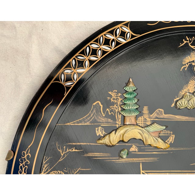 Mid 20th Century Vintage Asian Black Lacquer Folding Tray Table With Applied Carved Stone Figural Scene For Sale - Image 5 of 12