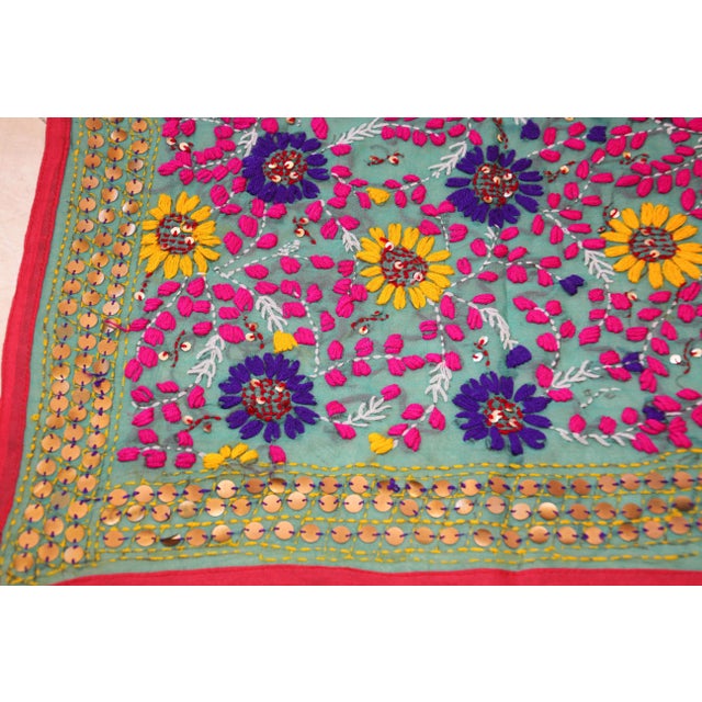 Vintage Suzani Embroidery in Teal Background with Yellow Pink Turquoise For Sale - Image 9 of 13