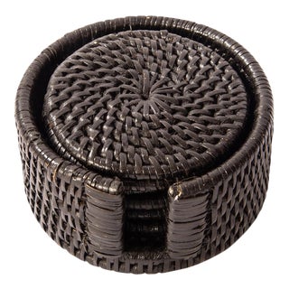 Artifacts Rattan Round Coasters with Box in Tudor Black - 7 Pieces For Sale