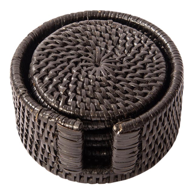 Artifacts Rattan Round Coasters with Box in Tudor Black - 7 Pieces For Sale